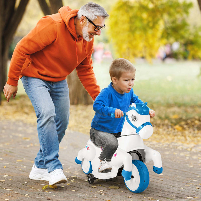 Costway 12v Enfants Monter Sur Jouet Unicorne Avec Roues D'entrainement Musique Un Bouton Demarrer Cheval Jouet Bleu