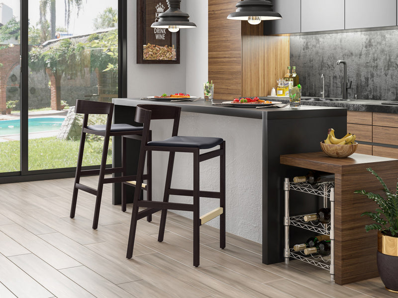 Tabouret de comptoir en bois rembourre style Klismos mi-siecle moderne noir - Lot de 3