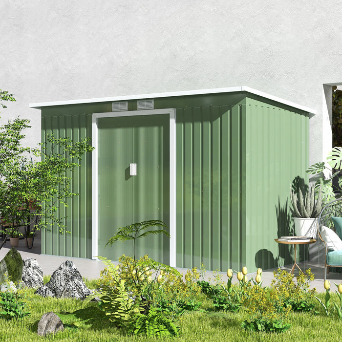 Outsunny 9ft X 4.25ft Abri De Jardin En Acier Ondule Remise A Outils Pour Equipement D'exterieur Avec Event, Fondation Et Double Porte Vert Clair