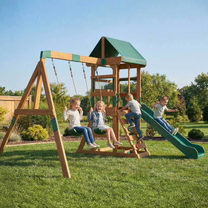 Portique en bois Qaba, aire de jeux exterieure avec toboggan, 2 balancoires et mur d'escalade