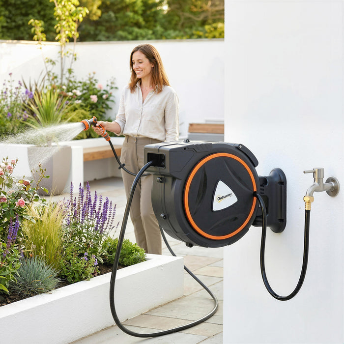 Devidoir de tuyau d'arrosage retractable Outsunny 1/2\" x 18 m avec buses a 12 fonctions