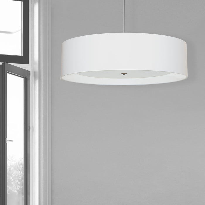 Luminaire suspendu Helena de Dainolite de 34 po de diamètre avec abat-jour blanc qui diffuse la lumière, fini chromé poli et 4 ampoules