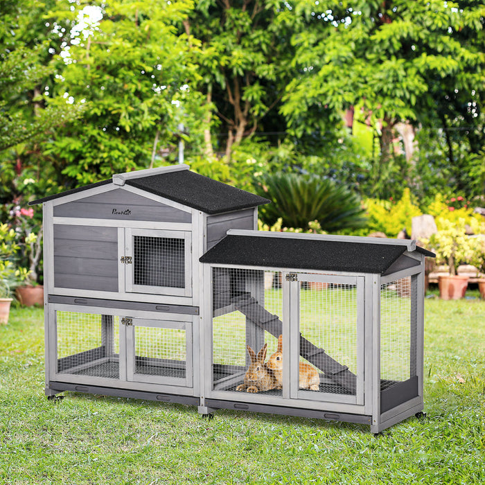 Pawhut Nichoir A Lapin En Bois De 62\", Cage A Lapin, Enclos A Roulettes, Bac Anti-fuite Et Rampe Pour Petits Animaux, Interieur/exterieur, Gris Clair