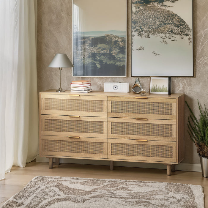 Meuble de rangement moderne Mila a 6 tiroirs en rotin avec structure en bois manufacture, couleur naturelle, 130 cm