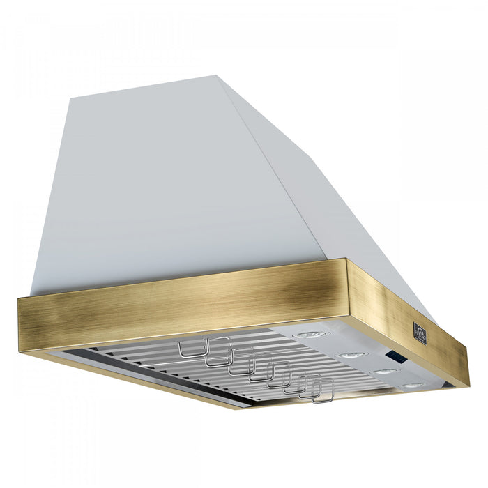 Hotte murale Vittorio de 48 po, blanc avec garniture en laiton antique,-FRHWM5078-48BLK