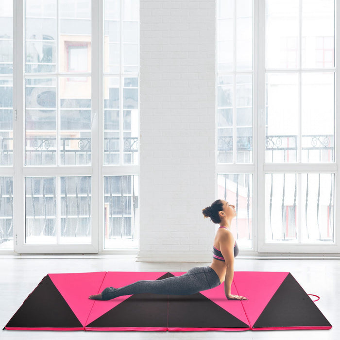 Soozier Tapis de gymnastique pliable, tapis sport portable yoga arts martiaux, 4 panneaux, rose et noir, 115×293×5cm