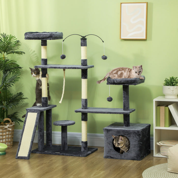 Pawhut Arbre A Chat De 53\", Tour A Plusieurs Niveaux Pour Chats D'interieur Avec Griffoirs En Sisal, Lits, Plates-formes, Rampe, Centre D'activite Pour Chat, Gris Fonce