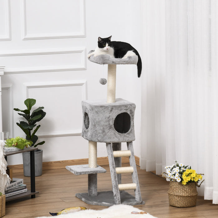 Pawhut Arbre A Chat De 119,4 Cm, Tour A Plusieurs Niveaux Avec Condo, Centre D'activites D'escalade Pour Chat Avec Griffoirs En Sisal, Echelle, Perchoir En Peluche Et Boule Suspendue, Gris Clair
