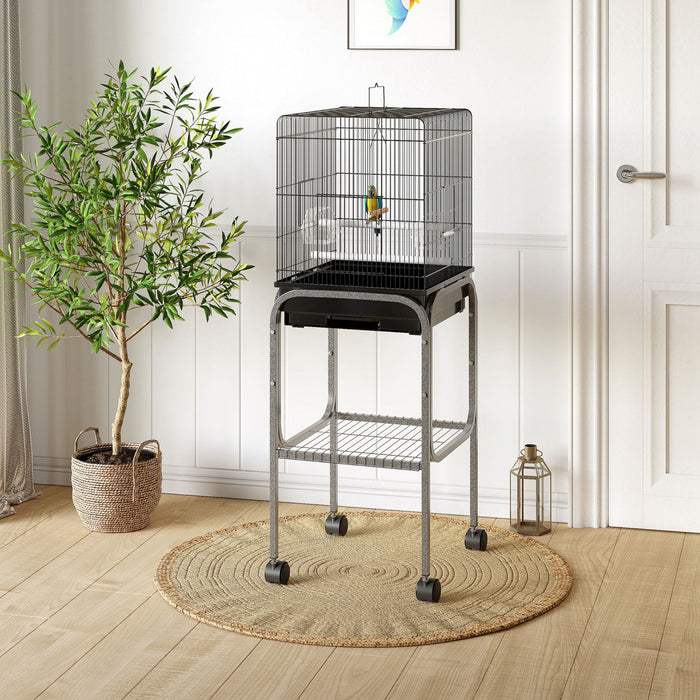 Pawhut 44,5\"h Support De Spot De Jeu Pour Perroquet En Metal Avec Cage A Oiseaux Avec Etagere De Rangement Pour Roues Multi-portes Noir