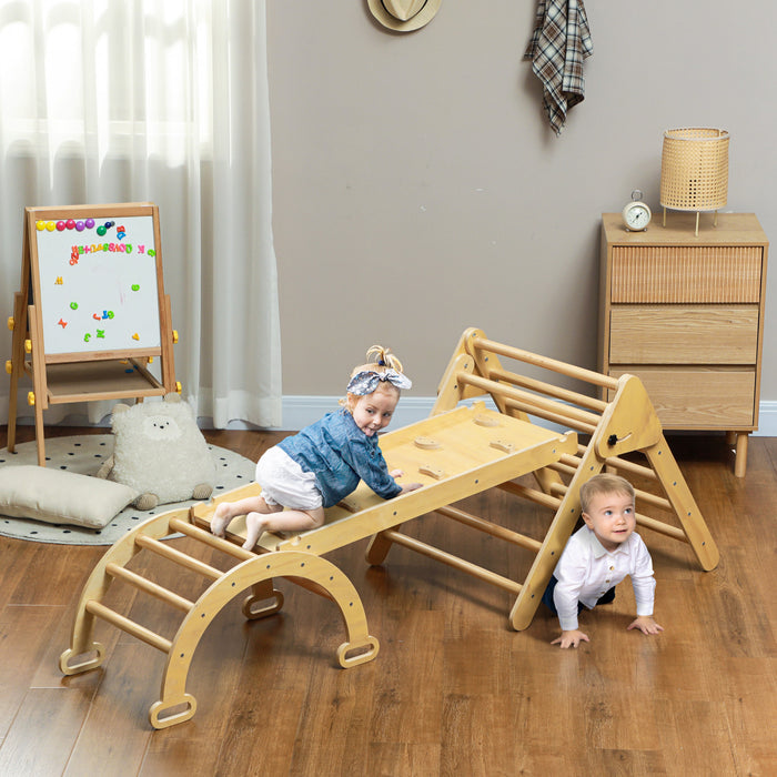 Qaba Ensemble Triangle 5 En 1, Jouets D'escalade Pour Tout-petits, Salle De Gym Pour Bebe Avec Echelle, Rampe, Arche, Pour Escalader, Glisser, Pour18-48 Mois, Bois Naturel
