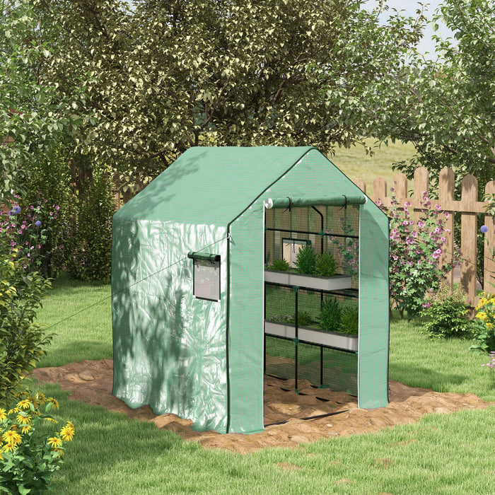 Outsunny Serre De Plain-pied De 4,6' X 4,7' X 6,2' Avec 3 Niveaux Et 8 Etageres, Serre D'exterieur Avec Couverture En Pe Renforcee, Porte Enroulable Pour Serre De Jardin Et Fenetres En Maille, Vert