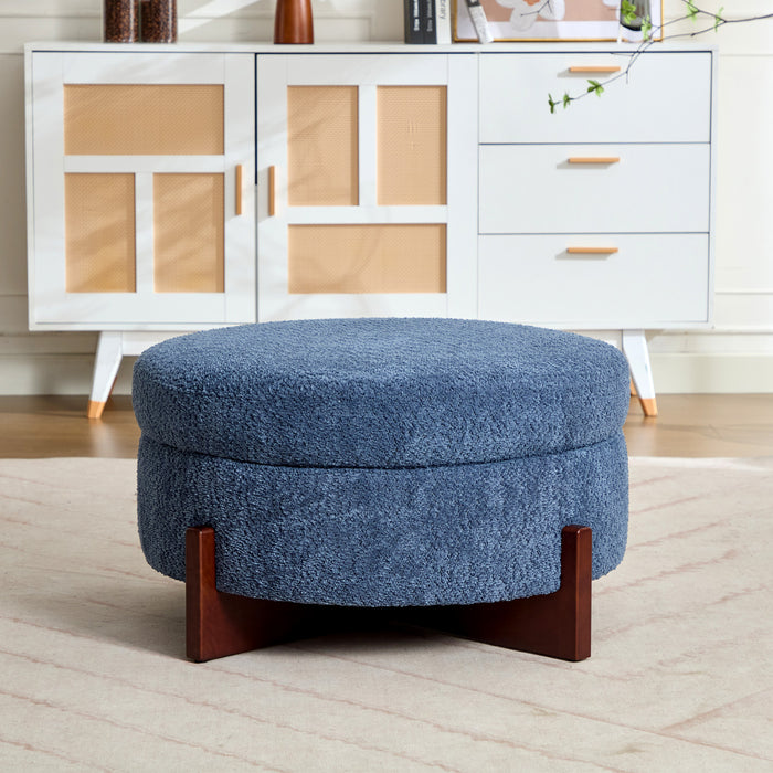 Table Basse Ottoman Ronde Sophia avec Rembourrage Capitonne et Rangement - Bleu