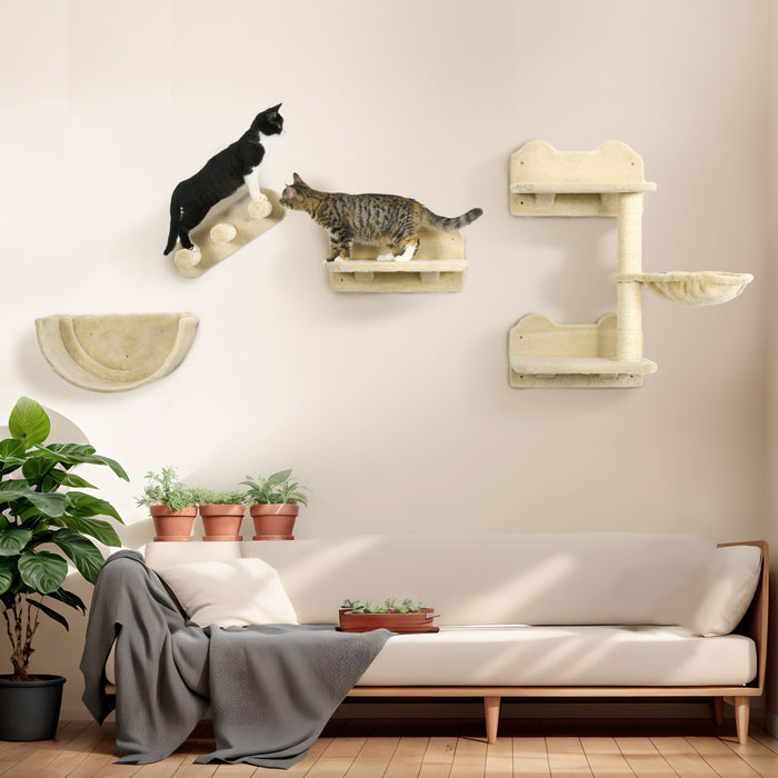 Pawhut Grimpeur Mural Pour Chat Avec Hamac, Griffoir, 3 Marches, Plateformes De Saut, Etagere Murale Pour Chat Pour Se Detendre, Dormir, Grimper, Mobilier Mural Pour Chat D'interieur - Beige