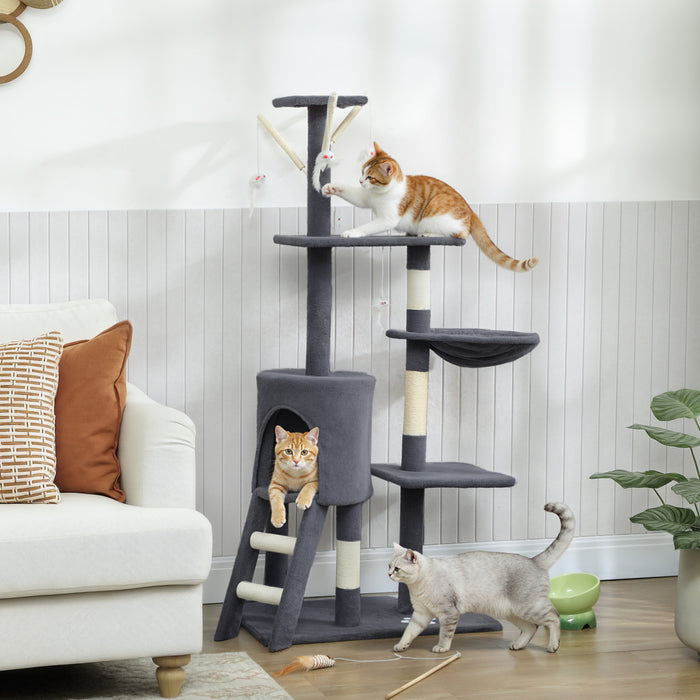Arbre a chat PawHut, tour de 135 cm pour chatons d'interieur avec poteaux a griffer en sisal, perchoirs moelleux, niche, hamac, echelle, jouets suspendus, centre d'activites a plusieurs niveaux, gris fonce