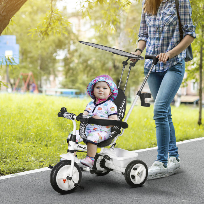 Qaba Tricycle Pour Enfants, Poussette 4 En 1 Avec Guidon Amovible, Barriere De Securite Et Harnais 5 Points, Auvent, Panier De Rangement, Pour Tout-petits De 12 A 60 Mois, Blanc