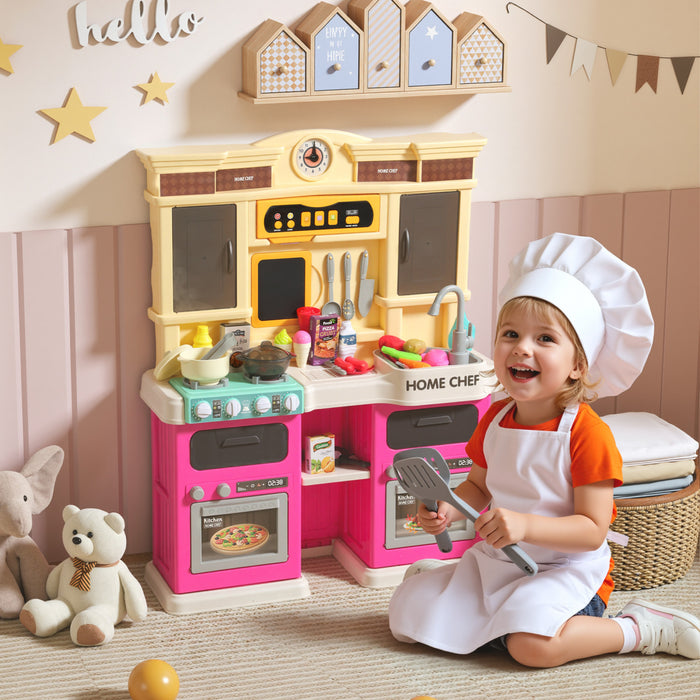 Cuisine enfant Qaba pour tout-petits, cuisine enfant avec sons et lumieres realistes, evier, cuisiniere, horloge, batterie de cuisine, accessoires, ensemble de nourriture pour enfants de 3 a 6 ans, rose