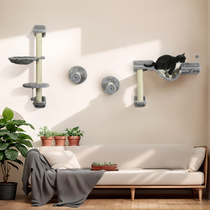 Pawhut Lot De 4 Etageres Murales Pour Chat Avec Hamac, Griffoir, Echelle, Marches, Plates-formes, Balles Jouets, Pour Usage Interieur, Gris