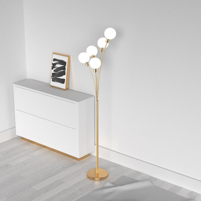 Lampe à pied Budding Branch de Dainolite en verre blanc, avec fini laiton vieilli et 5 ampoules