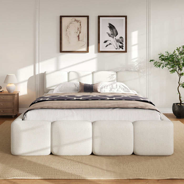 Lit plateforme Aiden avec cadre rembourre de soutien en tissu boucle, taille Queen, blanc