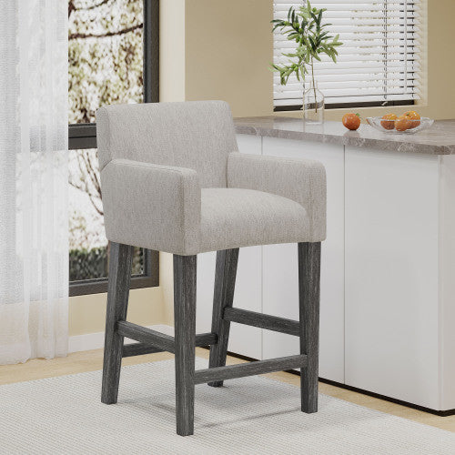 Tabouret De Comptoir Griffith Hauteur D’assise 66 cm – Tissu Rembourre Et Pieds En Bois Massif, Gris Clair