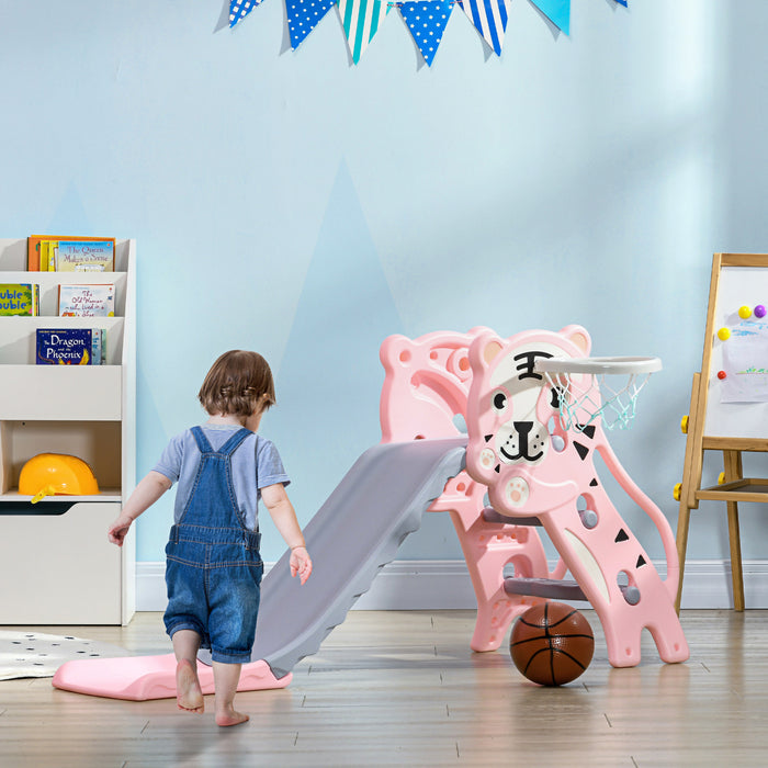 Qaba Toboggan 2 En 1 Pour Interieur, Toboggan Pour Enfants Facile A Installer Pour Tout-petits De 18 A 36 Mois, Toboggan Pour Bebe Avec Panier De Basket, Rose