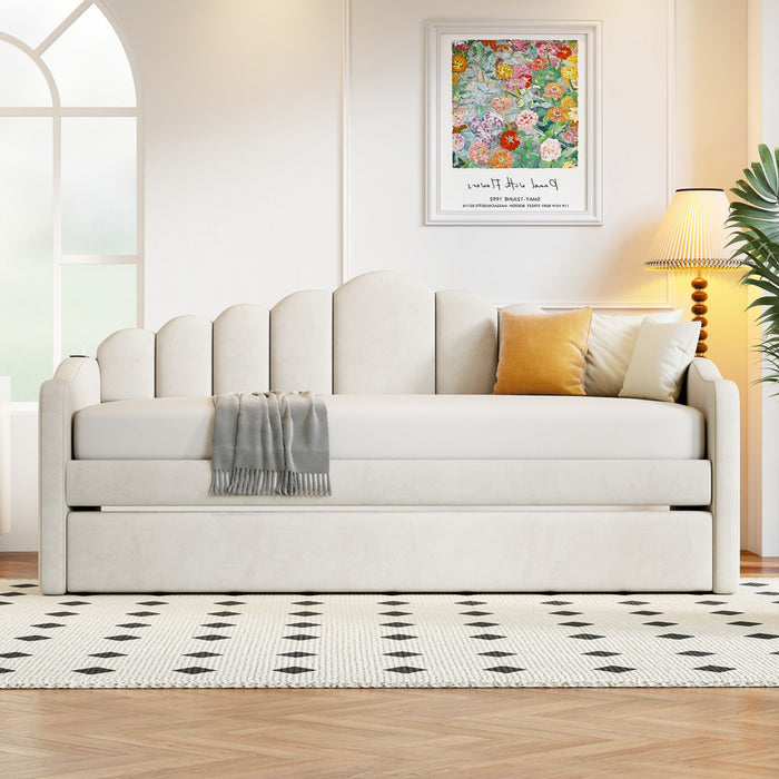 Lily Lit Relevable Capitonne avec Lit Gigogne et Ports de Chargement USB, Taille Twin, Beige