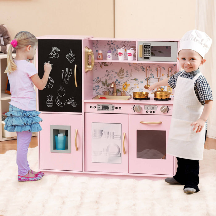 Costway Kid's Pretend Play Kitchen Toddler Kitchen Playset Avec Blackboard Rose Clair