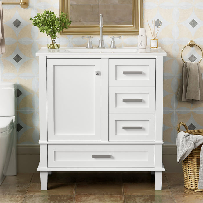 Jonas Meuble-lavabo De Salle De Bain 24\" En Bois Massif Avec Tiroirs Et Porte De Rangement - Blanc