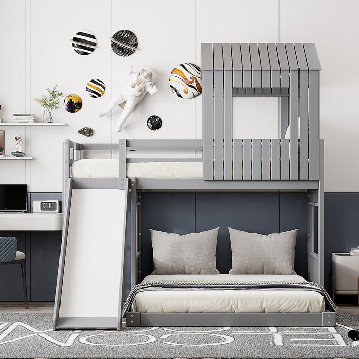 Lit Superpose Marico En Bois Massif, Taille Simple En Haut Et Double En Bas, Avec Toboggan, Design Maison De Jeu, Gris