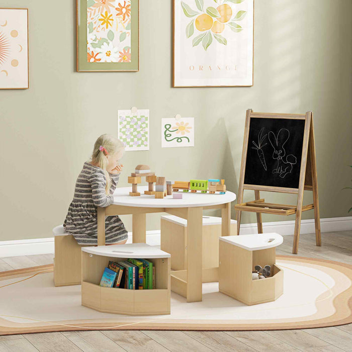 Qaba Ensemble Table Et Chaises Pour Enfants 5 Pieces Avec Rangement, Blanc