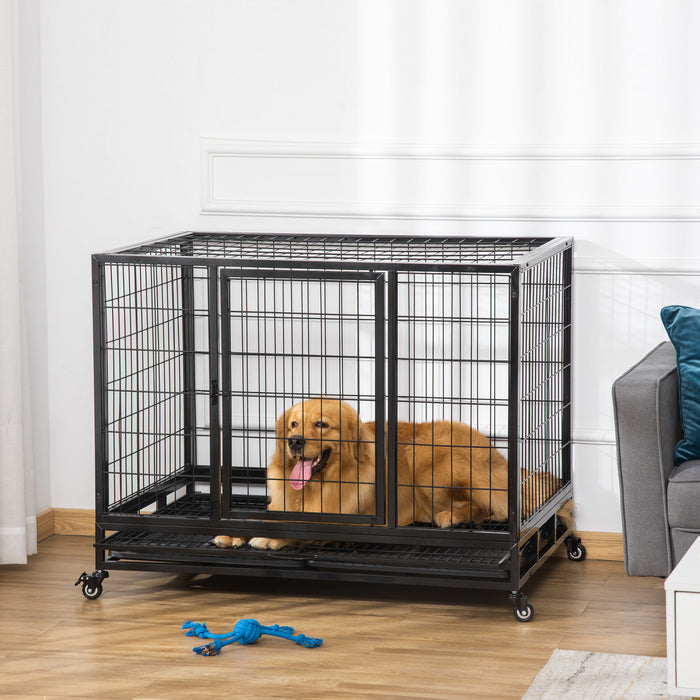Pawhut Cage Pour Chiens De Taille Moyenne Avec Deux Portes, Plateau A Roulettes Verrouillable, 42.9\" X 29.9\" X 34.3\"