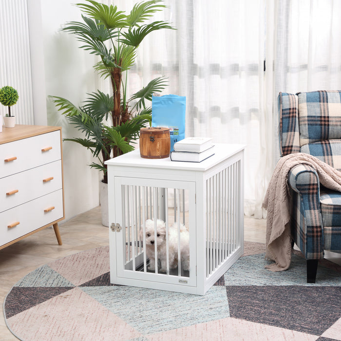 Pawhut Cage Pour Chien En Bois, Table D'extremite De Chenil Pour Chiot, Maison Decorative Pour Animal Domestique Avec Porte Avant, Verrou De Securite, Pour Chien De Petite Et Moyenne Taille, Blanc