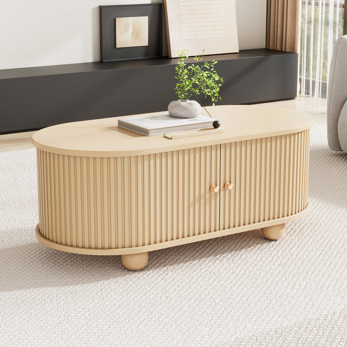 Ethan table basse ovale – table basse avec portes coulissantes et rangement cache, bois naturel