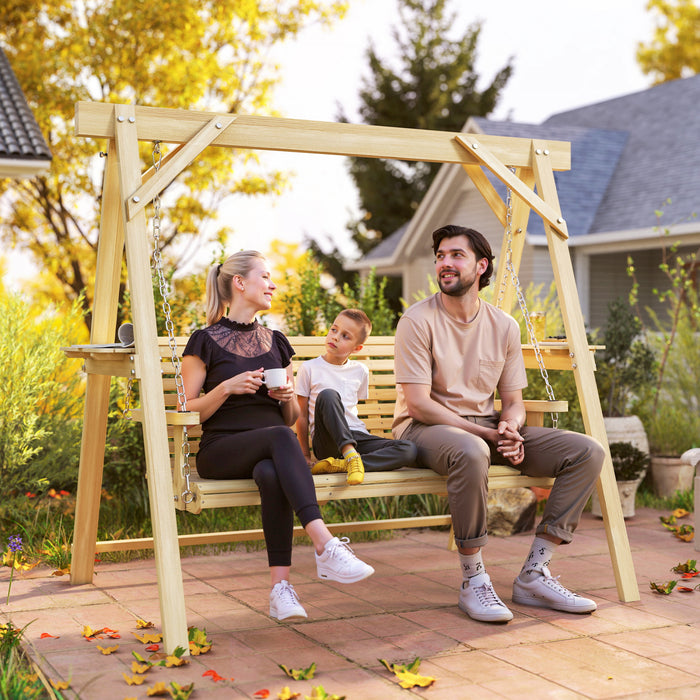 Outsunny Balancelle 3 Places avec Support et Tables Laterales, Bois Naturel