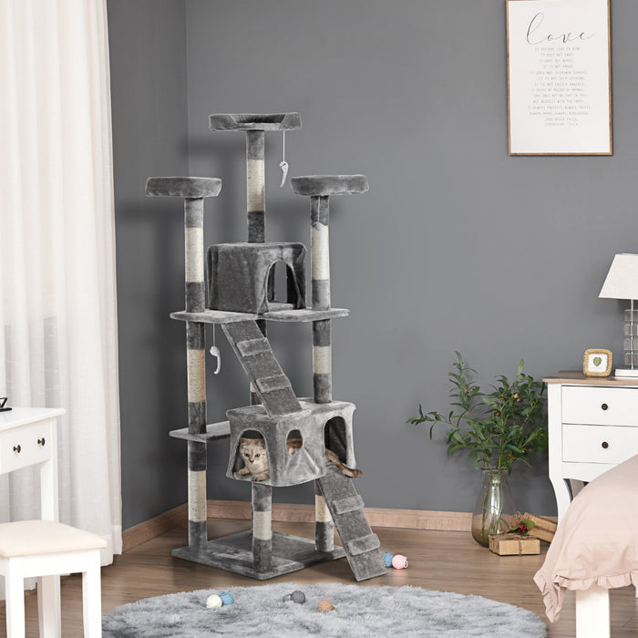 Pawhut Arbre A Chat Multi-niveaux De 67 Pouces Centre D'activites Tour De Poste Pour Condo Meubles Pour Animaux De Compagnie Avec Jouet Gris