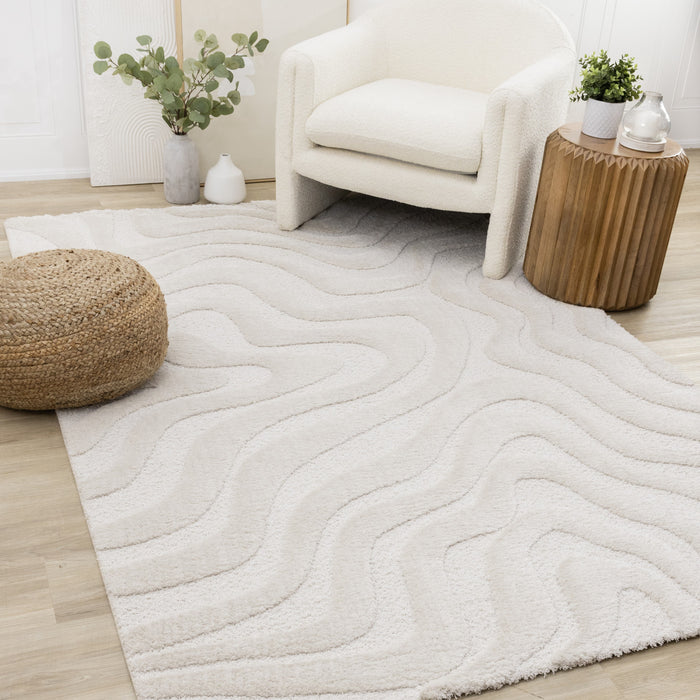 Carpette moderne, luxueuse et moelleuse Lincoln blanche à motif de courbes - 6 pi 7 po x 9 pi 6 po