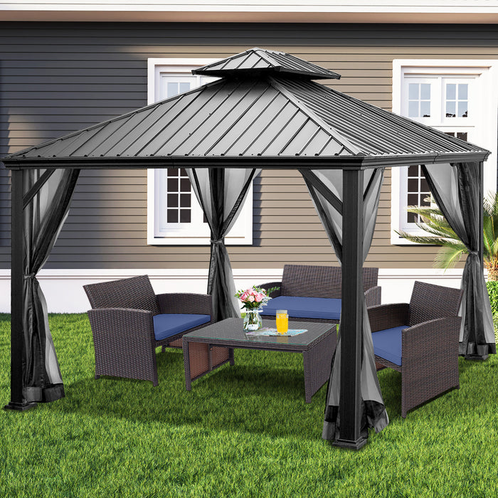 Costway 12ft X 10ft Hardtop Gazebo Exterieur A 2 Niveaux En Acier Galvanise Canopy Gris