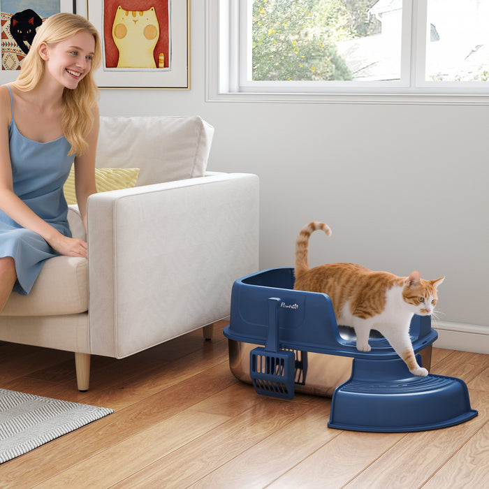 PawHut Stainless Steel Cat Litter Box with Scoop, Navy Blue