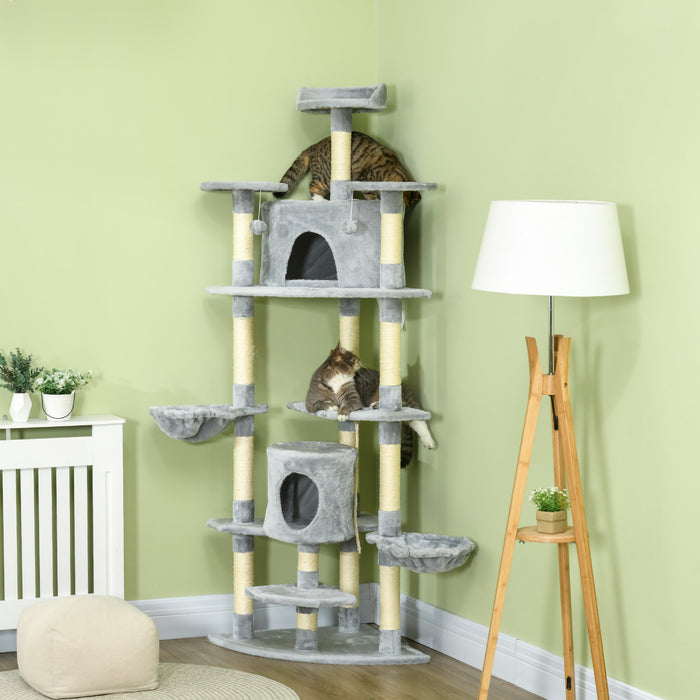 Pawhut Arbre A Chat 79\" Multi-niveaux Avec Deux Condos, Tour Pour Chats Avec Griffoirs, Deux Hamacs, Perchoirs, Jouets Interactifs, Gris Fonce.