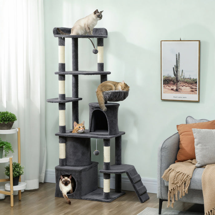 Grand Arbre a Chat de 170 cm avec 7 Poteaux a Gratter, Gris Fonce