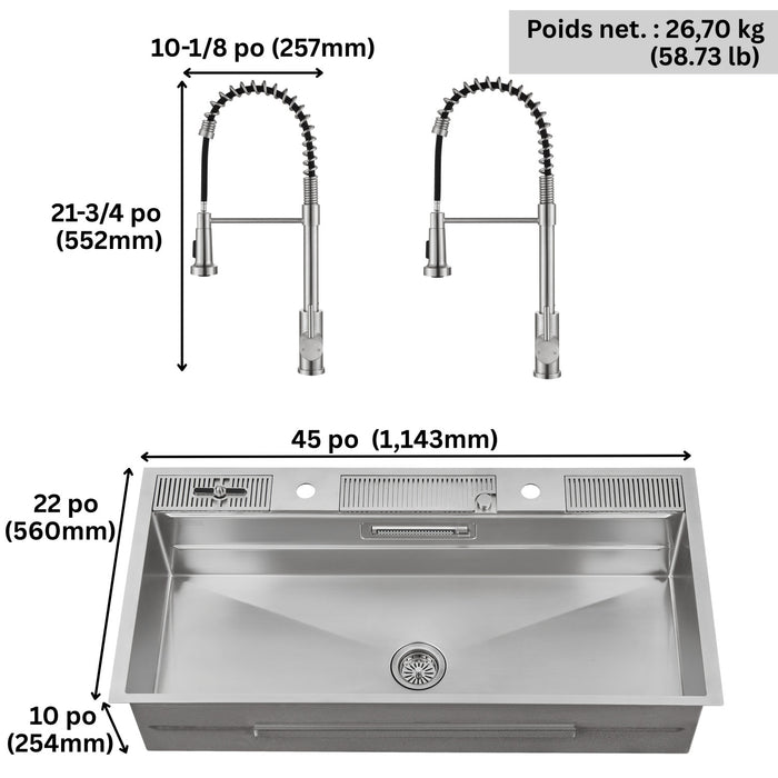 Evier poste de travail MultiSINK 45 po, double pose, 3 niveaux, robinets, rince-verre, inox - J-WP31