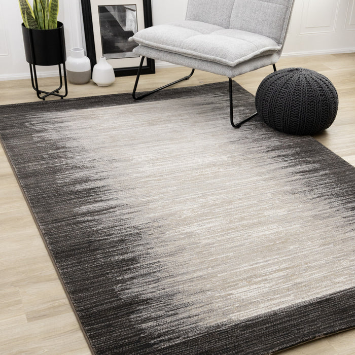 Carpette dense Amelia noire et beige à motif de bordure - 5 pi 3 po x 7 pi 7 po