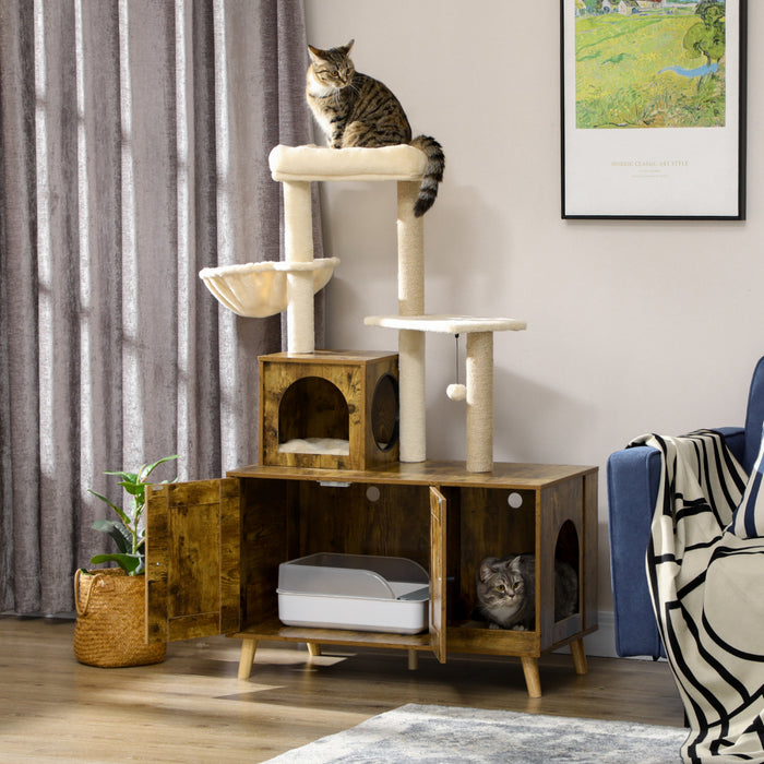 Pawhut Boite A Litiere Avec Tour D'arbre A Chat, Meubles De Toilette Caches Pour Chat Avec Condo, Griffoirs, Grande Plate-forme, Hamac Et Coussin Moelleux, Marron Rustique