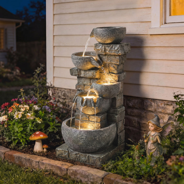 Outsunny Fontaine d'Exterieur a 5 Niveaux avec Lumieres LED pour Jardin, Gris