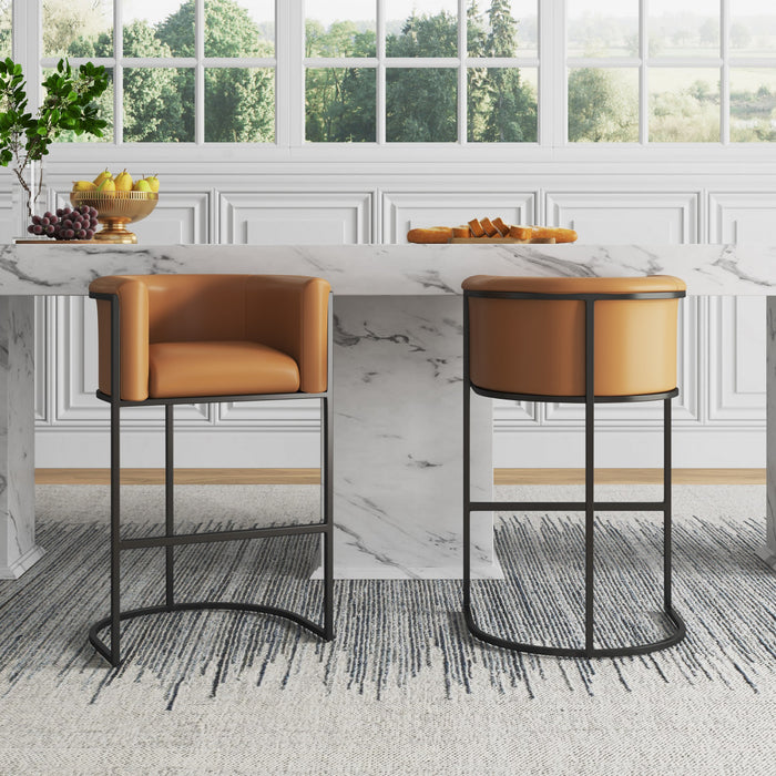 Tabouret de bar cosmopolite mi-siecle moderne en metal et tissu, coloris camel - Lot de 3