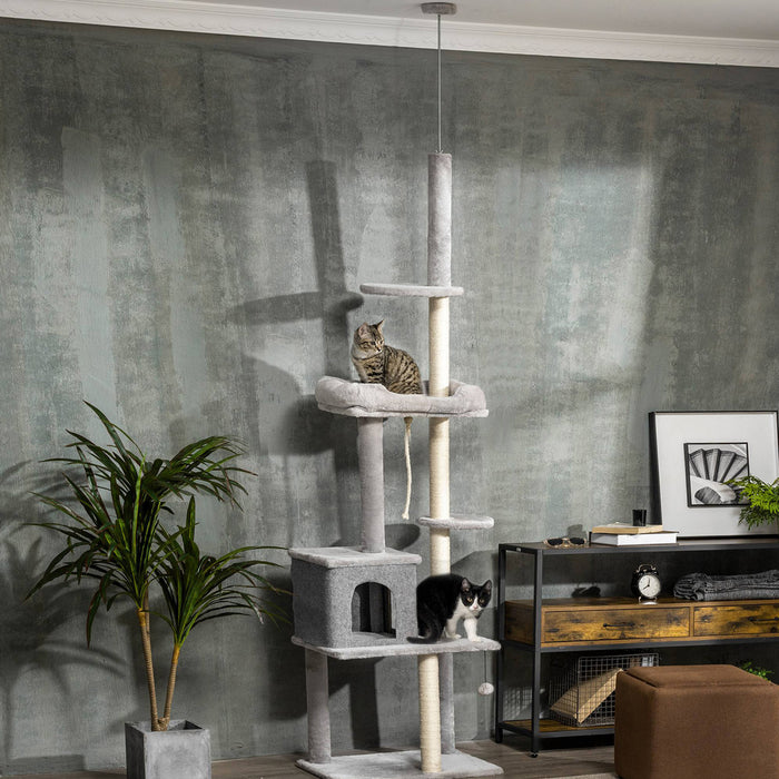 Pawhut Arbre A Chat Du Sol Au Plafond Hauteur Reglable Avec Des Griffoirs Loit Condo Jeux, 7.2 - 8.5 Pi, Gris