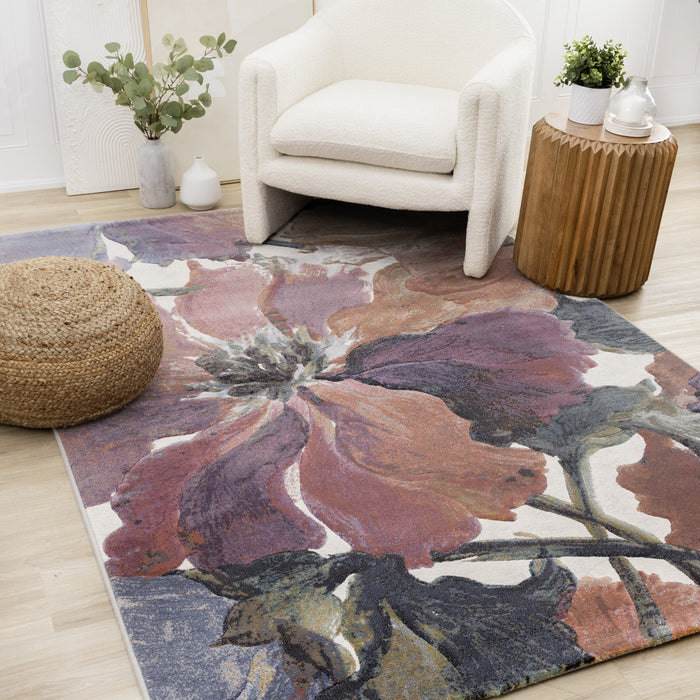 Carpette dense Amelia crème, rose et violette à motif floral - 5 pi 3 po x 7 pi 7 po