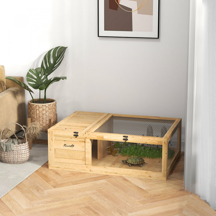 Pawhut Maison De Tortue En Bois Pour Interieur Et Exterieur, Cage Pour Reptiles, Lezards, Geckos, 35.8\" X 23.8\" X 12.6\", Jaune