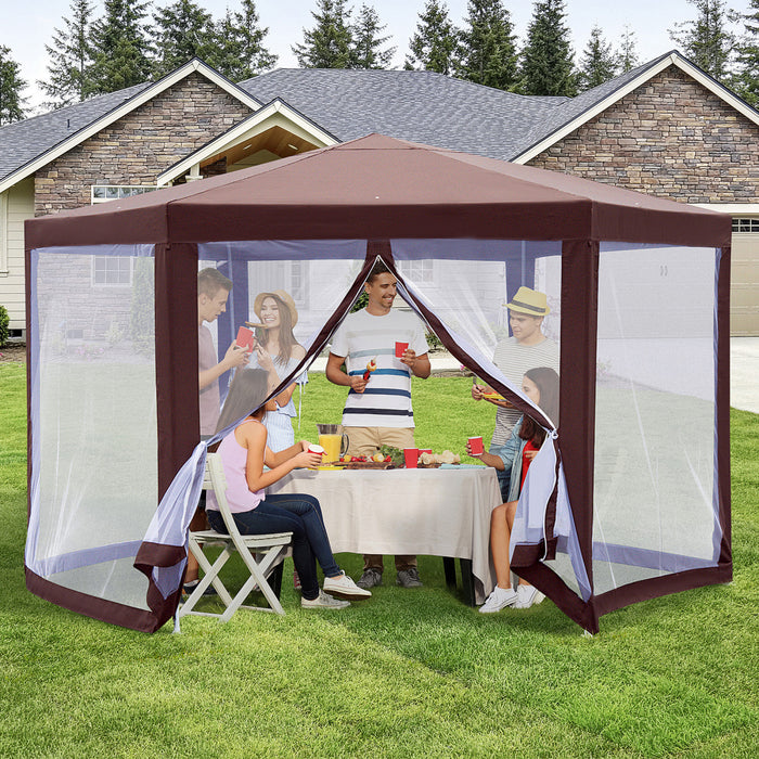 Outsunny 13' X 11' Hexagonal Garden Gazebo Patio Party Outdoor Canopy Tent Sun Shelter Moustiquaire Porte Zippee Marron