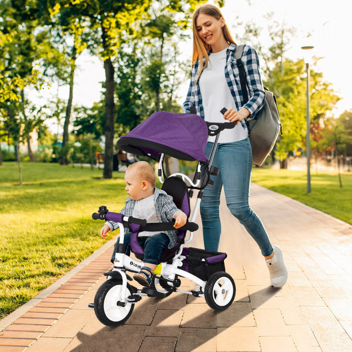 Qaba Tricycle Pour Tout-petits, Poussette De Velo 2 En 1 Pour Bebe Avec Auvent Pliable, Panier De Rangement, Harnais De Securite A 5 Points, Tricycle Pour Enfants De 1 A 5 Ans, Violet